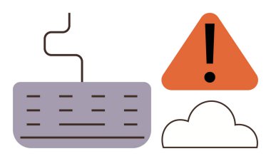 Kırmızı uyarı üçgeninin yanı sıra klavye ve bulut çevrimiçi tehlike, veri koruması ve siber sorunların altını çiziyor. Teknoloji, güvenlik, dijital risk, çevrimiçi güvenlik, sistem hatası, farkındalık için ideal