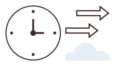 Oklarla eşleşen saat ilerlemeyi ya da hareketi ve bulut elementini işaret ediyor. Zaman yönetimi, ilerleme, gelecek planlama, verimlilik, iş akışı, süreler için ideal, basit düz metafor