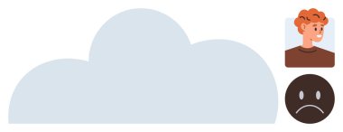 Gülümseyen bir insan ve üzgün bir yüz sembolü ile çevrili bir bulut. Duygu, ruh sağlığı, duygu, ruh hali, kişilik özellikleri, farkındalık, online iletişim için idealdir. Basit düz metafor