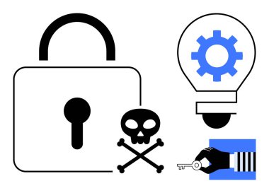 Asma kilit, çapraz kemikli kafatası, teçhizatlı ampul ve anahtarla el, veri güvenliğini, riskleri ve çözümleri vurguluyor. Siber güvenlik, hackleme, yenilik hırsızlığı veri gizlilik şifrelemesi için ideal