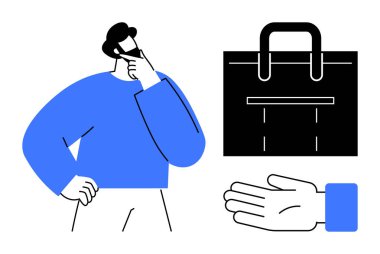 Karar vermeyi düşünen kişi, çalışmayı ya da projeyi temsil eden siyah evrak çantası, anlaşmayı ya da teklifi sembolize eden uzanmış el. Karar verme, müzakere, iş ve pazarlama için ideal