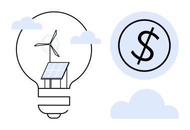 Bir ampulün içindeki güneş paneli ve rüzgar türbini bulutlarla çevrili ve bir dolar işaretiyle eşleştirilmiş temiz enerjiyi sembolize eder. Sürdürülebilirlik, eko-yenilik, temiz enerji, eko-finans, yeşil