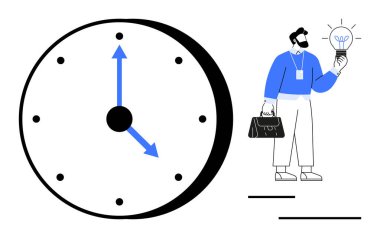 Zamanı gösteren okları olan büyük bir saat, elinde ampul ve evrak çantası tutan bir adam, yaratıcılığı, üretkenliği ve organizasyonu temsil ediyor. Yenilik, yaratıcılık, zaman yönetimi için ideal