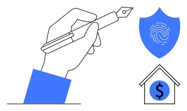 Kalemle el yazısı, parmak iziyle kalkan ve dolar işaretiyle ev. Kontrat, güven, finans, güvenlik, gayrimenkul sigortası için ideal. Basit düz metafor