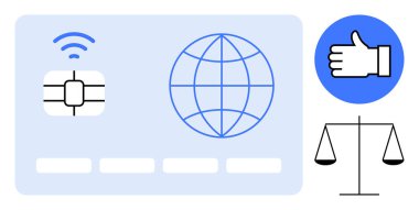 Çip ve kablosuz ikona sahip ödeme kartı, küresel bağlantıyı sembolize eden küre, onay onayı ve adalet ölçeği. Fintech, küresel ticaret, güvenlik, adalet, etik hukuku için idealdir.