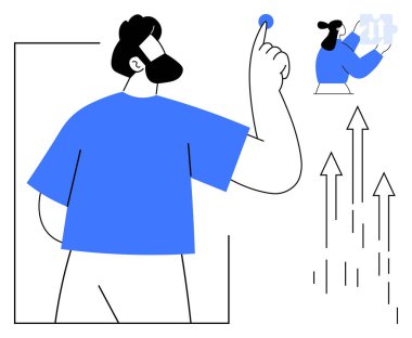 Minimalist tarzda gelişim ve büyümeyi tartışan iki birey. Biri bir düğmeyle etkileşir, diğeri veri sembolleri taşır. Takım çalışması, planlama, liderlik, başarı ve yenilik için ideal