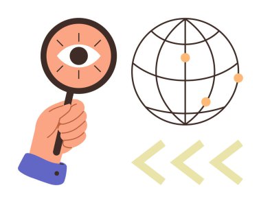 Gözle el ele tutuşan büyüteç, noktalı dünya ve keşif, analiz, küresel arama, keşif, veri bağlantısı, araştırma odaklı oklar. Teknoloji eğitimi için ideal