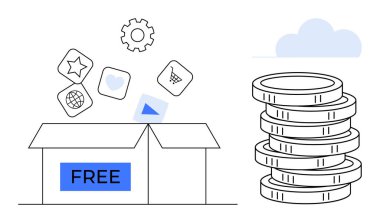 Yığılmış sikkelerin yanına uygulama simgeleri koyan, maliyet verimliliği, ücretsiz hizmetler ve dijital ürünleri temsil eden açık kutu. Tasarruf, teknoloji, yenilik, başlangıç ve pazarlama için ideal