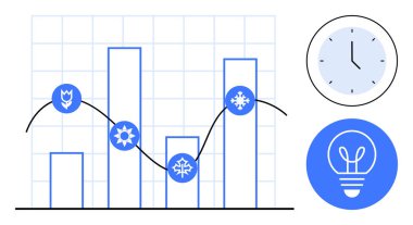 Mevsimlik simgelere sahip bar tablosu, şebeke arka planında trend çizgisi, duvar saati ve sağda ampul grafiği. Analiz, zaman yönetimi, enerji verimliliği, yenilik ve sezonluk planlama için ideal