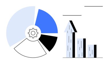 Artan verileri gösteren dişli simgesi ve çubuk grafiği olan pasta grafiği. Analiz, büyüme stratejisi, performans eğilimleri, finansal planlama, veri görselleştirme, iş anlayışı, basit iniş