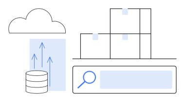 Veri deposuna bağlanan bulut, yukarı doğru ok akışı, istiflenmiş kutular, arama çubuğu. Lojistik, depolama yönetimi, bulut hesaplama, veritabanı, e-ticaret envanteri basit iniş sayfası için ideal