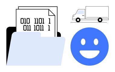 İkili kod belgeleri, teslimat kamyonu ve mavi mutlu simgesi olan klasörü aç. Veri güvenliği, dijital depolama, lojistik, bulut hesaplama, verimli dağıtım, takım çalışması basit iniş sayfası için ideal