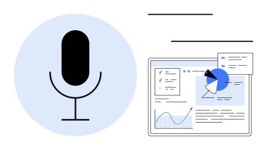 Grafikleri, grafikleri ve analizleri gösteren dijital gösterge panelinin yanında mikrofon sembolü. Ses asistanı, veri görselleştirme, iş analizi, teknoloji entegrasyonu, kullanıcı arayüzü, konuşma için ideal
