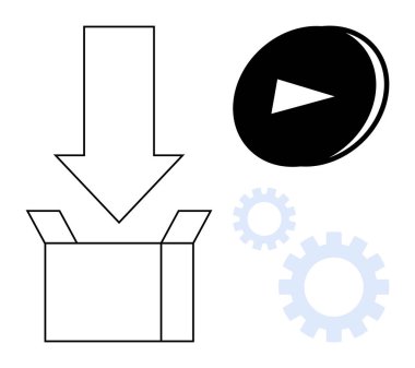 Aşağıya doğru ok, oynat düğmesi ve indirme, kurma, optimizasyon, otomasyon, veri transferi, dosya düzenleme ve işlem akışını temsil eden vitesleri içeren kutuyu aç. Teknolojiyle ilgili kavramlar için ideal