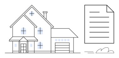 Garajlı ve bitişiğinde belge olan çağdaş iki katlı bir ev. Gayrimenkul, mülkiyet, sigorta, belgeler, sözleşmeler, ipotek, yasal evraklar için ideal. Basit düz metafor