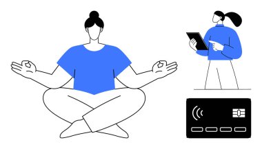 Yoga pozisyonunda meditasyon yapan bir kadın, tablet kullanan bir kadın ve temassız bir ödeme kartı. Farkındalık, dijital ödeme, mobil teknoloji, refah, modern yaşam tarzı, stres rahatlaması için ideal