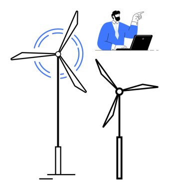 Rüzgar türbinleri güç üretir, dizüstü bilgisayardaki adam verileri analiz eder. Sürdürülebilirlik, yeşil enerji, yenilik, analiz, teknoloji, mühendislik, eğitim ve basit düz düzlemdeki yenilenebilir çözümler için ideal