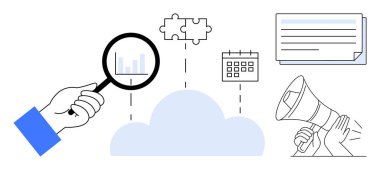 Analizi inceleyen büyüteç, yüzen bulmaca, takvim ve megafonla merkezi bir bulut etrafında dokümanlar. Veri analizi, işbirliği, planlama, iletişim, takım çalışması için ideal