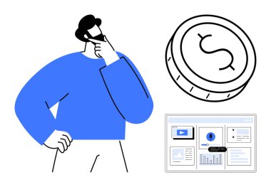 Büyük bir madeni para ikonu ve tablolar, videolar ve verileri gösteren dijital bir gösterge paneliyle mali kararlar vermeyi düşünen bir adam. Finans, planlama, analiz, strateji, veri güdümlü karar verme için ideal