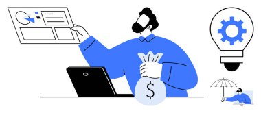 Girişimci elinde para çantası tutarken analitikleri bilgisayarın yanındaki ekranda inceliyor. Ampul, fikirlerin şemsiyesinin güvenliği simgelediğini gösterir. İş, finans, analitik, strateji ve yenilik için ideal