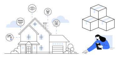 Güvenlik, aydınlatma, cihazlar, paketleme kutuları ve tableti kontrol eden bir kullanıcının olduğu akıllı bir ev. Teknoloji, lojistik, akıllı yaşam, ekolojik sistemler, uzaktan kumandalı gelecek için ideal