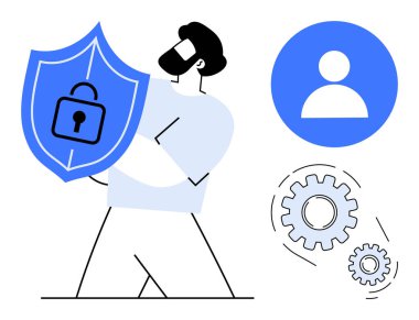 Veri güvenliği için kilit sembollü erkek figürü kalkanı, kullanıcı profili simgesi ve birbirine bağlı vitesler. Siber güvenlik, gizlilik, kullanıcı ayarları, koruma, takım çalışması, basit teknoloji için ideal