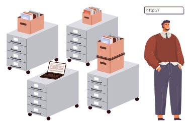 Depolanmış belgelerle dolu dolaplar, bir dizüstü bilgisayar, karton kutular ve yakınlarda profesyonel bir duruş. Organizasyon, ofis yönetimi, üretkenlik, veri depolama, verimlilik çalışma alanları için ideal