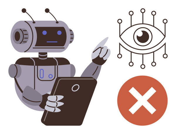 Робот использует планшет с сенсорным экраном, указывая на символ глаза с соединенными узлами и красным крестом ограничения. Идеально подходит для этики AI, технологических ограничений, наблюдения, конфиденциальности, безопасности данных