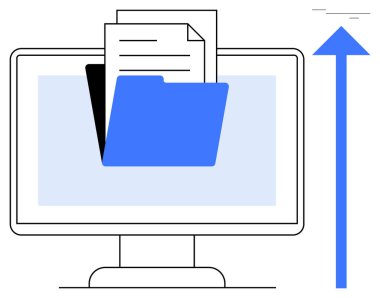 Bilgisayar monitörü, yükleme işlemini gösteren yukarı doğru ok ve belgeler ile birlikte açık dizini gösteriyor. Bulut depolama, veri transferi, dosya paylaşımı, organizasyon, ağ oluşturma, üretkenlik için ideal, basit