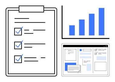 Verimlilik, organizasyon, planlama, veri yönetimi, proje izleme ve soyut başarı temalarını vurgulayan kontrol listesi, çubuk grafik ve web sayfası düzenine sahip pano. İş akışı için ideal