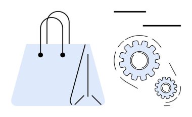 Alışveriş çantasının yanı sıra elektronik ticareti, perakende sistemleri, teknolojiyi, otomasyonu, tedarik zincirini, pazarlamayı ve iş yeniliklerini temsil eden birbirine kenetlenmiş vitesler. Basit düz metafor için ideal