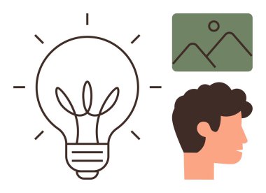 Fikirler için ampul, düşünmek için baş silueti ve hayal gücü için manzara sanatı. Yaratıcılık, ilham, yenilik, tasarım, düşünce süreci, problem çözme ve beyin fırtınası için ideal