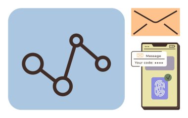 Haritadaki ağ bağlantıları, zarflı e-posta ve parmak izli akıllı telefon, doğrulama uyarısı. Siber güvenlik, dijital iletişim, veri paylaşımı, kimlik doğrulama, uygulama geliştirme için ideal
