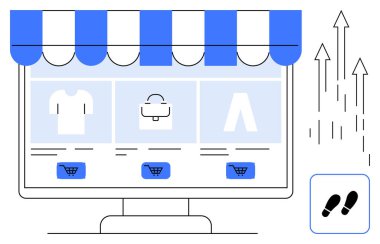 Mağaza vitrinleri, sergilenen ürünler, alışveriş arabası simgeleri, büyüme okları ve ayak izi ikonu olan masaüstü ekranı. E-ticaret, perakende, çevrimiçi satış ve pazarlama sektörü büyümesi için ideal başarı