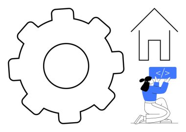 Vites ve ev sembollerinin yanında kod arayüzü üzerinde çalışan kadın, gelişimi, yeniliği, programlamayı, tasarımı, ev otomasyonunu ve teknoloji entegrasyonunu sembolize ediyor. Takım çalışması ve sistem güncellemesi için ideal
