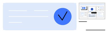 Analiz, çizelge ve raporları gösteren bir panelin yanında onay ya da doğrulamayı sembolize eden mavi işaret. Kavram için ideal Başparmak başarı, kalite, analiz, iş, onay