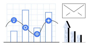 Büyüme yörüngesine sahip çubuk çizelgesi, veri noktaları üzerinde mevsimsel semboller, zarf simgesi ve yukarı doğru eğilim grafiği. Analiz, tahmin, pazarlama, istatistik, iletişim iş stratejisi için ideal