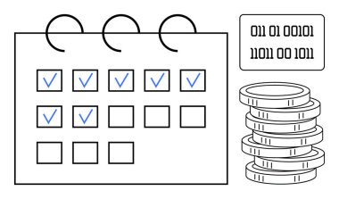 İşaretli tarihler, ikili numaralar ve mali yönetim ve planlamayı birleştiren bozuk paralarla dolu bir takvim. Bütçe, muhasebe, dijital para birimi, veri yönetimi, üretkenlik yatırımı için ideal