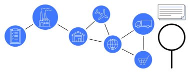 Tedarik zinciri parçaları fabrika, depo, uçak, kamyon ve alışveriş arabalarıyla bağlantılı. Lojistik, üretim, dağıtım analizi, ticaret küreselleşme verimliliği için ideal. Basit.