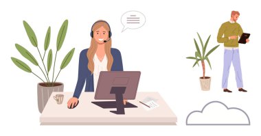 Kadın kulaklıkla modern masada asistanlık yapıyor, adam tablet kullanıyor. İçerideki bitkiler, sakin çalışma alanı. Takım çalışması, iletişim, uzaktan çalışma, müşteri hizmetleri, teknoloji işbirliği için ideal basit bir daire