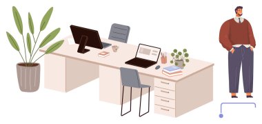 Laptoplu ofis masaları, kitaplar, kahve fincanı ve bitkiler düzgünce dizilmiş. İş kıyafetleri içinde duran bir kişi, iş yerindeki profesyonelliği aktarıyor. Çalışma alanları, verimlilik, organizasyon için ideal