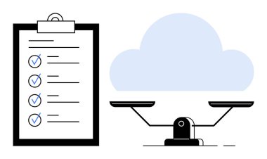 Dengeli ölçek ve bulut vurgulayan görevler, değerlendirme ve seçeneklerin yanı sıra kontrol listesi olan pano. Karar verme, üretkenlik, öncelik sıralaması, bulut hesaplama, denge ve planlama için ideal