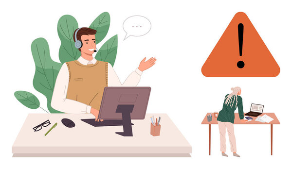 Customer service agent on headset working at desk, addressing technical query. Alert sign in focus and multitasking colleague in background. Ideal for communication, teamwork, troubleshooting