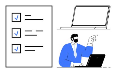 Dizüstü bilgisayarda oturan işadamı, üç görevi tamamlanmış büyük bir kontrol listesine işaret ediyor. Üretkenlik, görev yönetimi, iş verimliliği, organizasyon, planlama, hedef belirleme, odaklanma için idealdir. Basit.