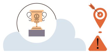 Bulutun içindeki bir kaidede bir numaralı rozeti olan altın bir kupa. Navigasyon iğnesinde üçgen ünlem işareti ile eşleştirilmiş bir hedef tahtası ve ok var. Başarı, tanınma, hedefler için ideal