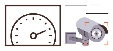 Hız göstergesi, güvenlik ve tetikte olmak için güvenlik kamerasıyla eşleştirildiğini gösteriyor. Teknoloji, güvenlik, gözetleme, hız, kontrol, izleme stratejileri ve verimlilik için ideal. Basit.