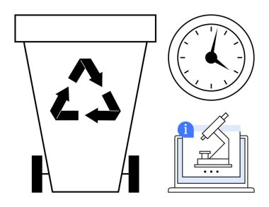 Yeniden kullanım okları, duvar saati ve mikroskop ile araştırmayı temsil eden bir bilgisayar ekranı olan geri dönüşüm kutusu. Bilim, zaman yönetimi, sürdürülebilirlik, atık azaltma, eğitim ve geri dönüşüm için ideal