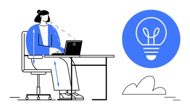 Masada oturan bir kadın dizüstü bilgisayar kullanıyor, etrafı enerji akışını temsil eden oklarla çevrili, parlayan bir ampul ikonuyla. Yaratıcılık, yenilik, üretkenlik, teknoloji, tasarım düşünme için ideal