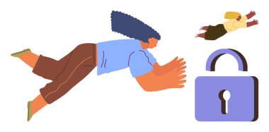 Güvenlik, güven ve güvenliği simgeleyen büyük bir asma kilide doğru uçan iki kişi. Gizlilik, koruma, erişim kontrolü, siber güvenlik, güven, dijital güvenlik için ideal basit düz metafor