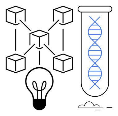Ağa bağlı blok zinciri düğümleri, test tüpünde DNA sarmalı, parlayan ampul. Teknoloji, bilim, engelleme zinciri, genetik, yenilikçi araştırma bağlantıları için idealdir. Basit düz metafor